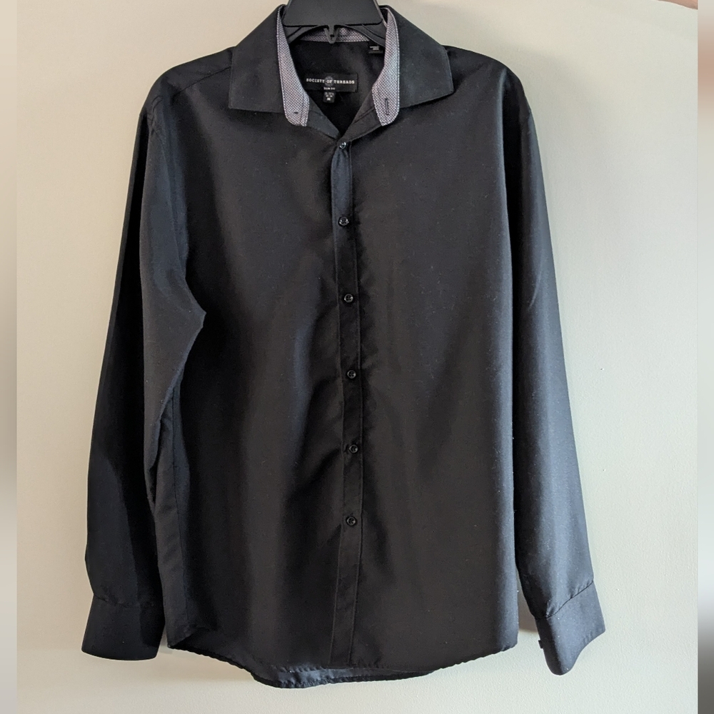 Society Of Threds Men's Slim Fit Black Solid Performance Stretch Dress Shirt, M